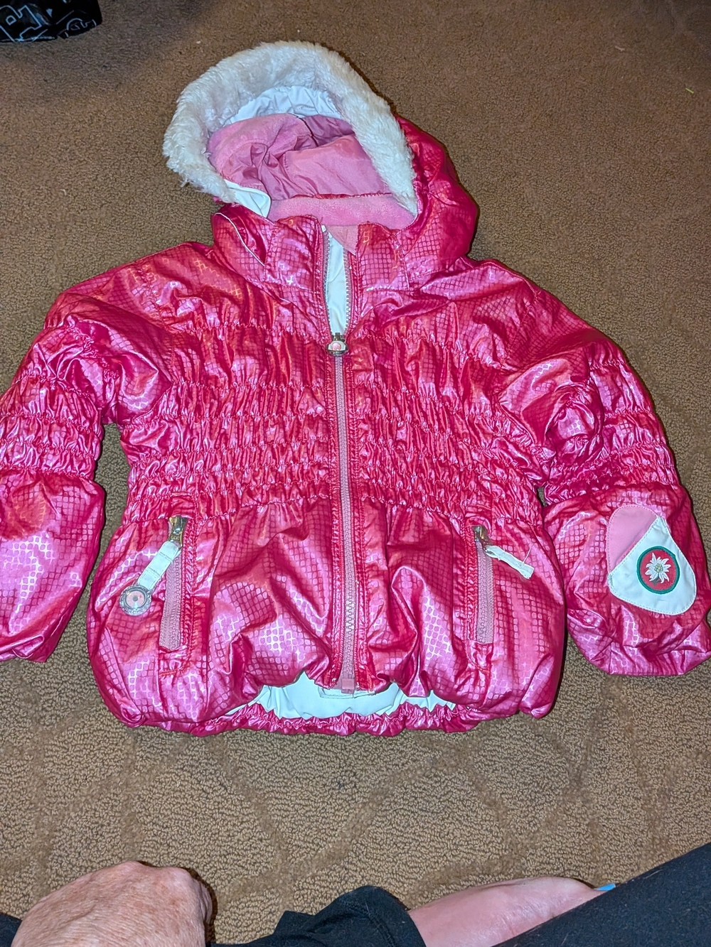 Obermeyer Shiny Pink Hooded Puffer Jacket COAT with Faux Fur Trim GIRLS 3T